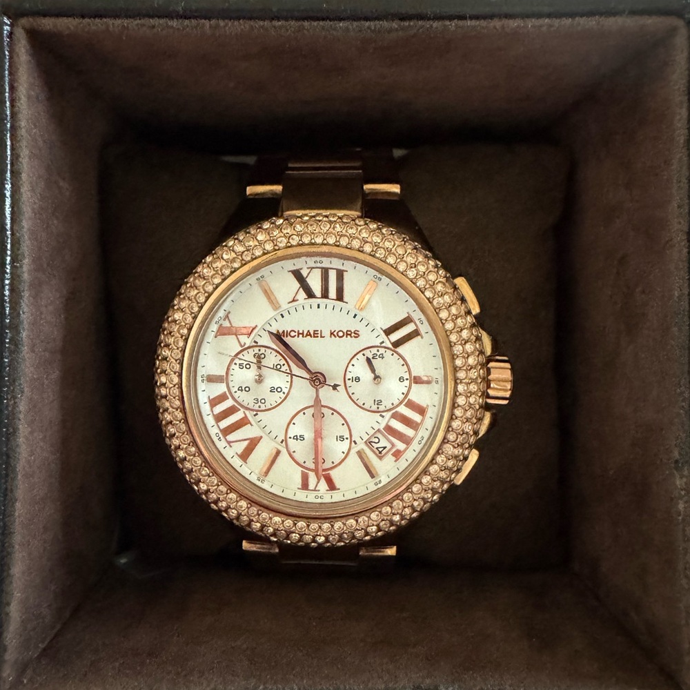 Stunning Michael Kors Rose Gold Chronograph Watch with Crystal Bezel